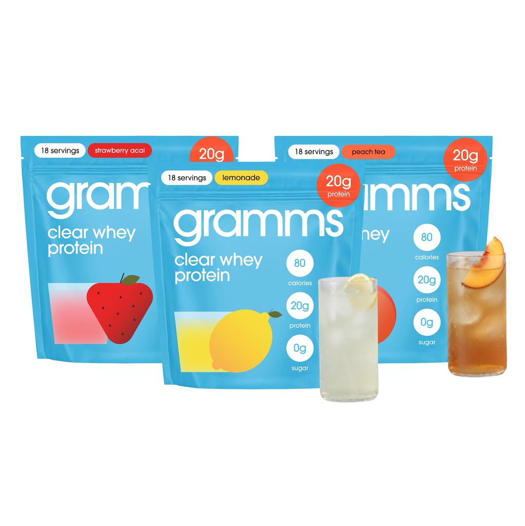 GRAMMS Clear Protein Variety Pack | Lemonade, Strawberry & Peach Tea | 20g Protein Grass-Fed Whey Isolate, Zero Sugar, Zero Lactose, Protein for Women (54 Servings)