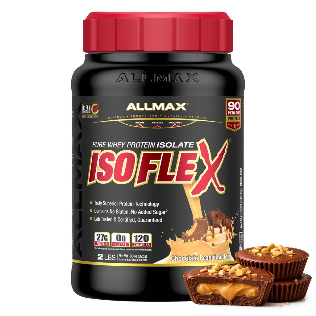 ALLMAX ISOFLEX Pure Whey Isolate Protein Powder - Gluten Free, Low Lactose, Sugar-Free - High-Protein, Clean, Keto-Friendly, Pre Post Workout Supplement, Women and Men | Chocolate Peanut Butter, 2lb