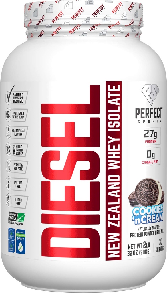 Perfect Sports, Diesel 100% New Zealand Whey Isolate, Grass-Fed & Pasture Raised 2LB Cookies n Cream