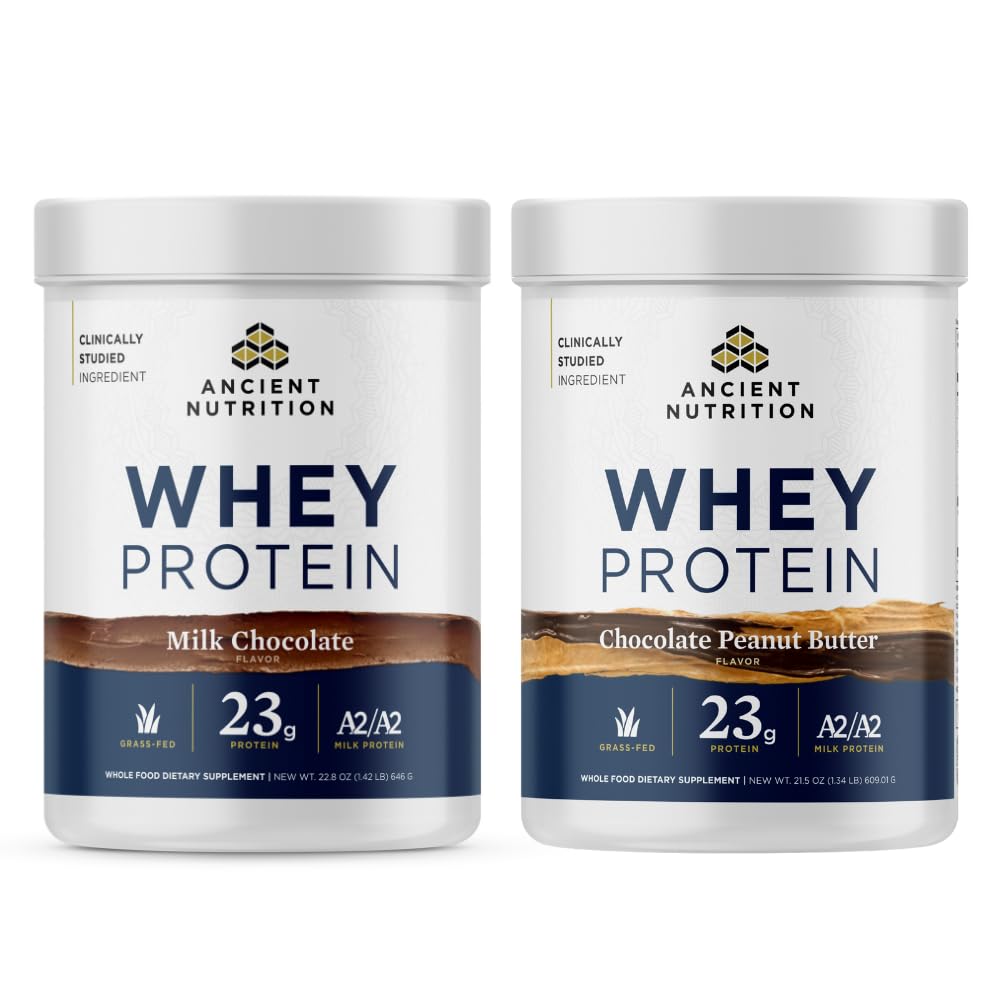 Ancient Nutrition Grass-fed Whey Protein Powder, Chocolate Peanut Butter, 18 Servings + Grass-fed Whey Protein Powder, Milk Chocolate, 20 Servings