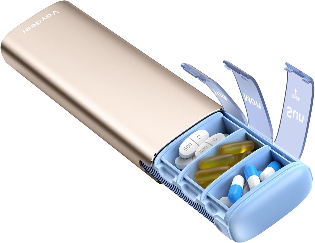 Vayadeer Metal Travel Pill Organizer, 7 dagen Weekly Pill Box, grote capaciteit dagelijkse schattige pil geval voor supplementen, pillen, vitamines en medicijnen (klein, Champagne)