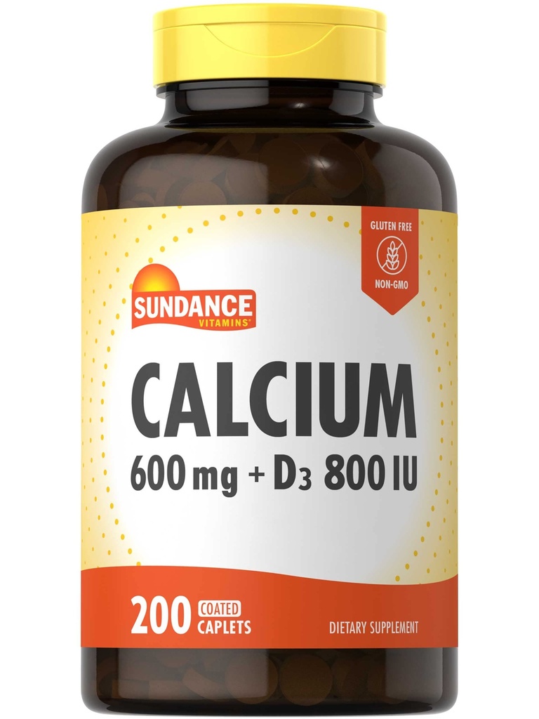 Sundance Calcium with Vitamin D3 | 600mg | 200 Caplets | Vegetarian, Non-GMO, and Gluten Free Supplement