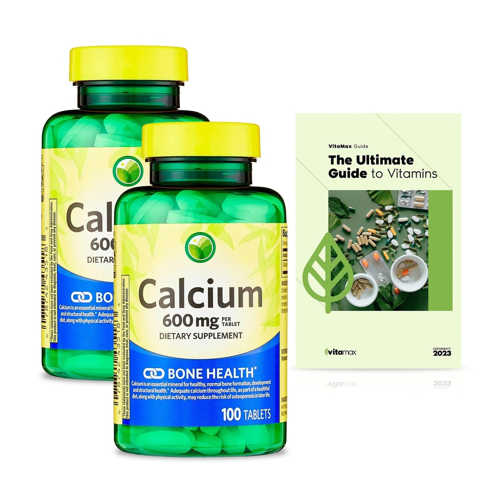 SV Calcium Calcium 600 mg, 100 Tablets, Bone Health Dietary Supplement Tablets Bundle - Pack of 2, with Vtmx Vitamin Guide