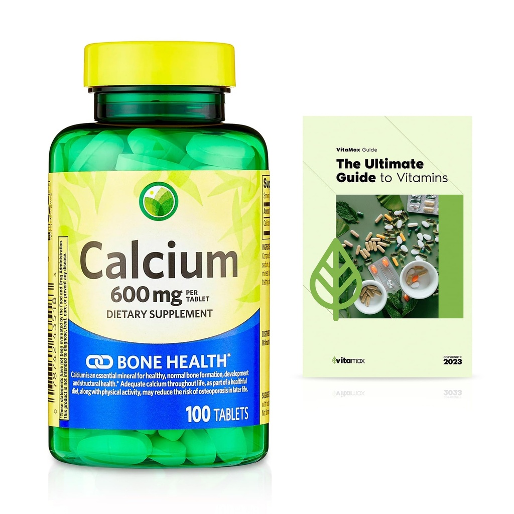 SV Calcium Calcium 600 mg, 100 Tablets, Bone Health Dietary Supplement Tablets Bundle with Vtmx Vitamin Guide
