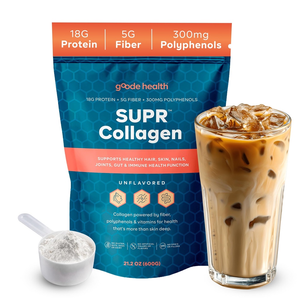 Goode Health SUPR™ Collagen Powder, Unflavored - Type I & III Hydrolyzed Collagen Peptides with Fiber & Polyphenols - Daily Nutrition Support for Gut, Skin & Hair - No Sugar - 25 Servings
