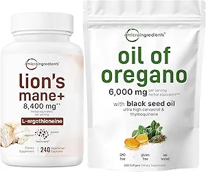 Micro Ingrediënten Olie van Oregano Softgels 300 Count & Lions Mane Supplement 240 Veggie Capsules Bundel 2 Pack 