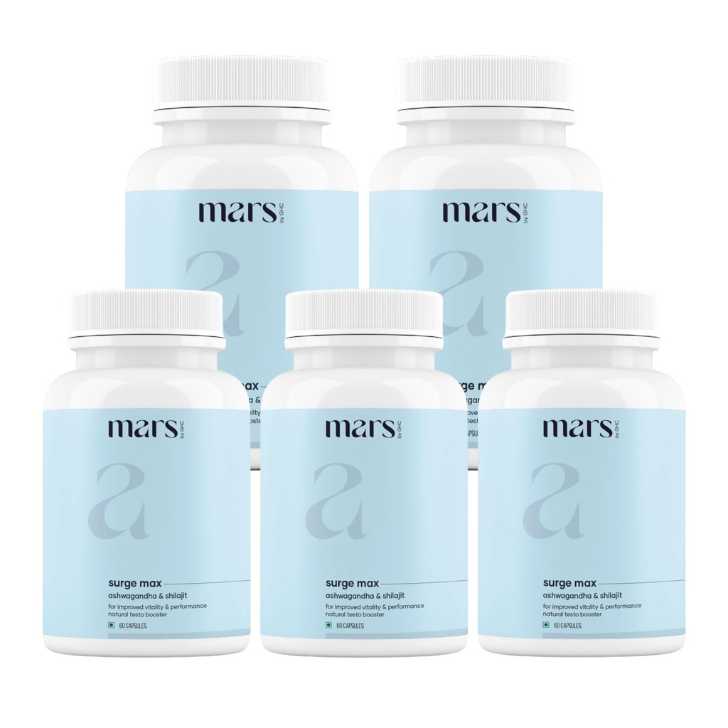 Mars Surgemax Natural Capsules with Shilajit & Safed Musli | Supports Energy, Strength & Immunity | for Active Lifestyle | 300 Capsules | Pack of 5