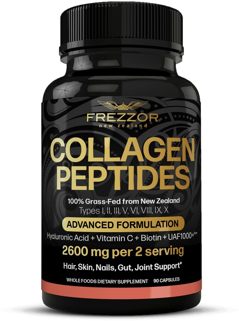 FREZZOR Collagen Peptides with UAF1000+, 100% Grass-Fed New Zealand Cattle Source, Hydrolyzed, Joint, Skin, Hair & Nail Support, Amino Acids, Anti-Aging, 90 Capsules, 1 Bottle