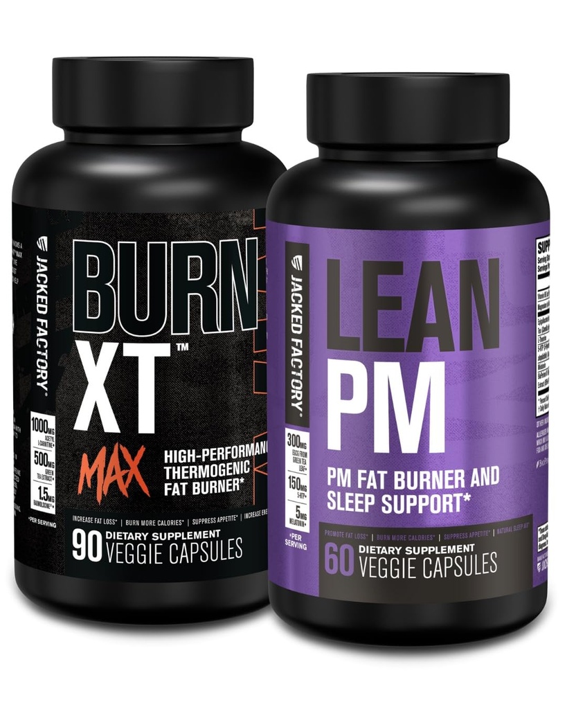 Ge Jacked Factory 24/7 Fat Burner Stack - Burn XT MAX High Performance Fat Burner (90 capsules) - Lean PM Nachtslaap Ondersteuning voor gewichtsverlies en eetlustonderdrukking (60 capsules)