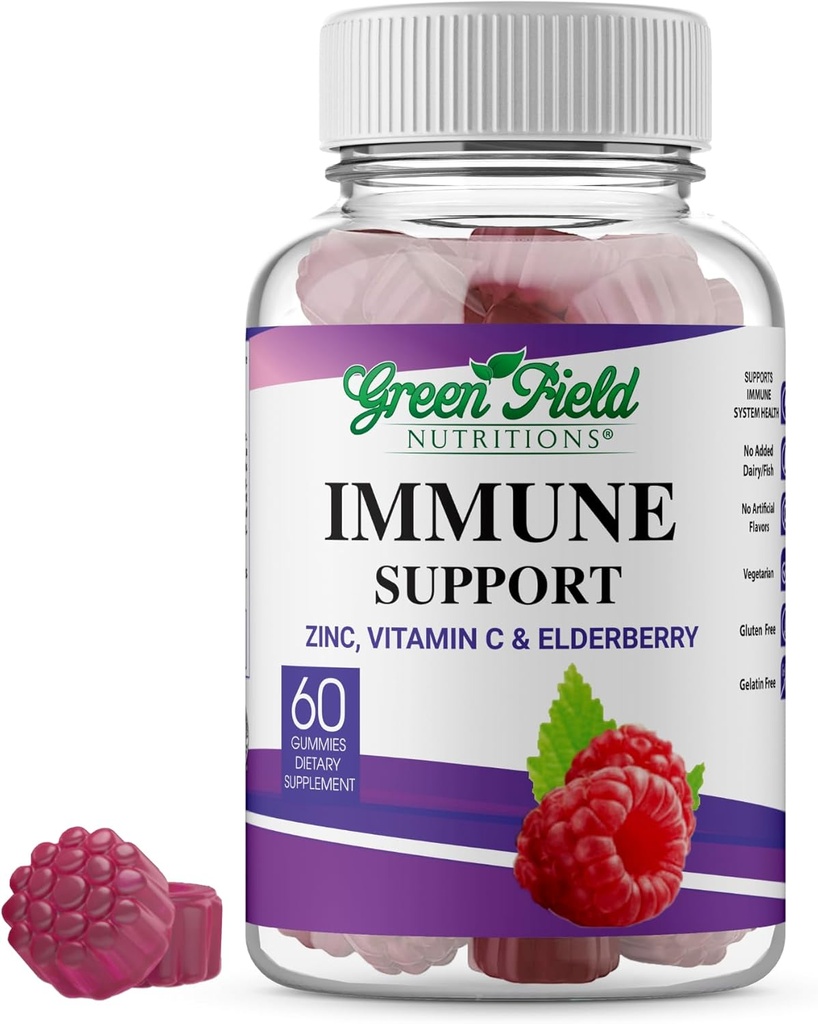 Greenfield Nutritions Halal Immune Support Elderberry Gummies for Adults - Supports Your Immune System Naturally with Halal Zinc and Vitamin C Gummy - 60 Delicious Mixed Berry Gummies Halal Vitamins