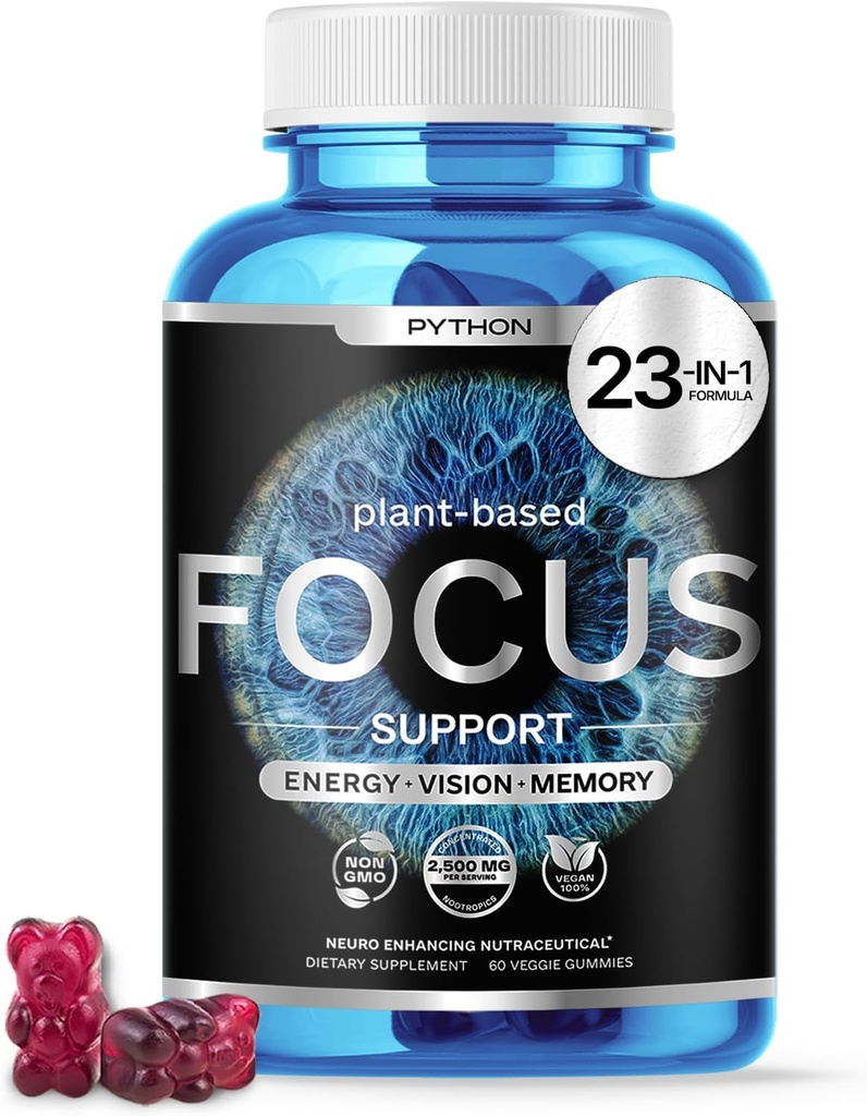 Python Focus - Nootropic Brain Supplement - Boost Geheugen, Concentratie & Cognitive Functie - 60 Veganistische Kauwen met Lions Mane, Lutein & ARDES 2 Vitaminen