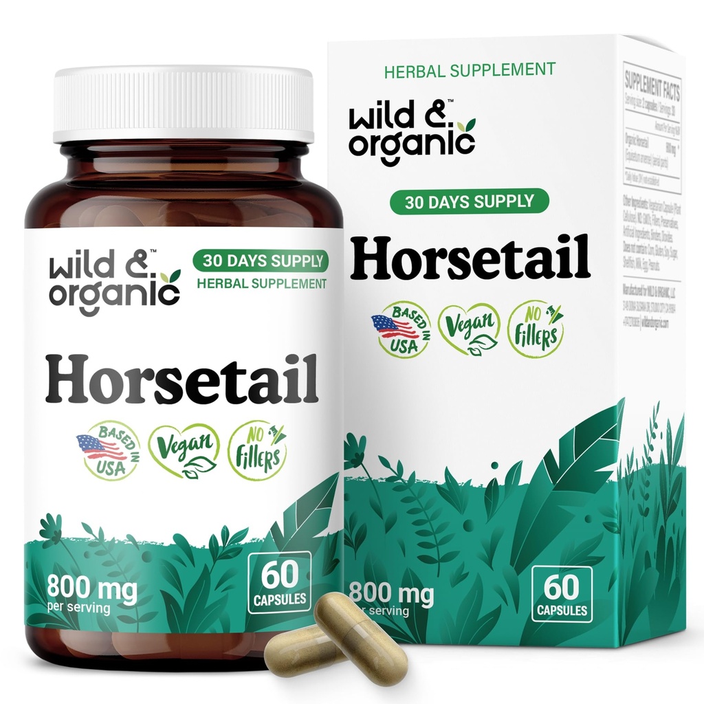 Wild & Organic Horsetail Herb Capsules 800 mg - Hair, Skin & Nail Support with Horsetail Extract Supplement - 60 Vegan Capsules - 30 Days Supply - No Fillers, Non-GMO