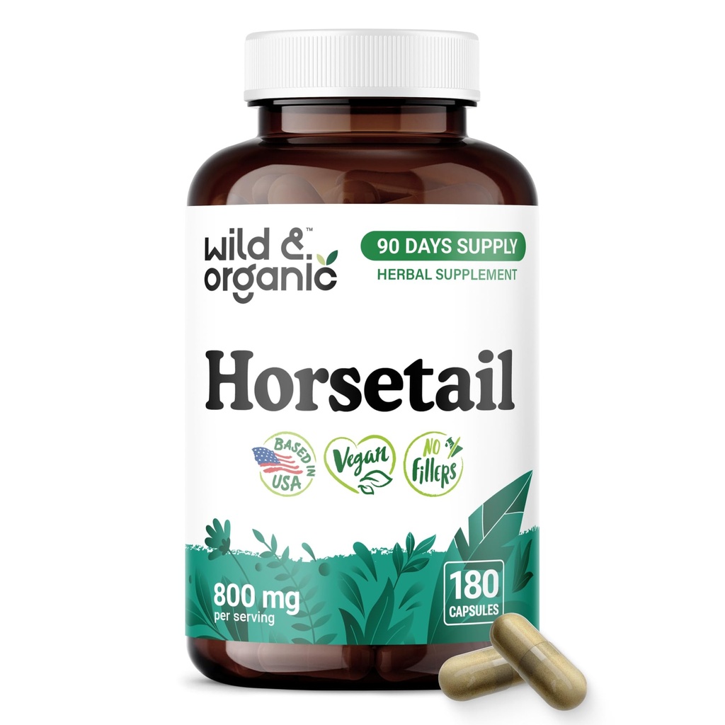 Wild & Organic Horsetail Herb Capsules 800 mg - Hair, Skin & Nail Support with Horsetail Extract Supplement - 180 Vegan Capsules - 90 Days Supply - No Fillers, Non-GMO