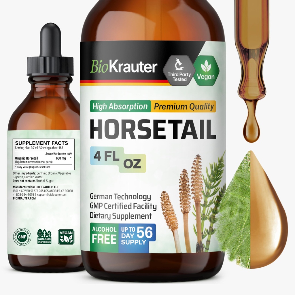 BIO KRAUTER® Horsetail Supplement for Hair, Skin & Nails - Vegan & Pure Horsetail Herb Liquid Drops 660 mg per Serving 4 Fl.Oz. - Silica Hair Supplement - Alcohol & Sugar Free - 56 Days of Supply