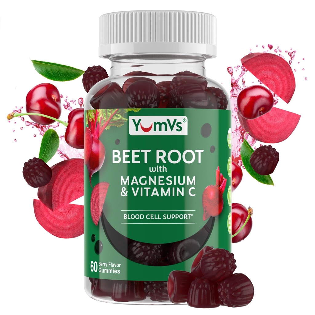 YumVs Beetwortel Gummies met Magnesium en Vitamine C - Berry Flavor Rode Bieten Gummies - Beet Kauwen voor bloedcirculatie en antioxidant ondersteuning - Red Beet Gummy- Berry 60 Tel (Pack of 1)