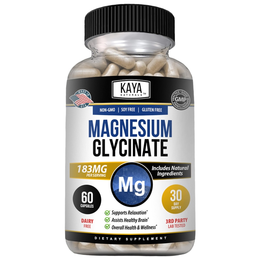Kaya Naturals Magnesium Glycinate 183mg per Caps, Chelated for Maximum Absorption, Non-GMO, NO Gluten Dairy & Soy, Supports Muscle and Heart Health 60 Count