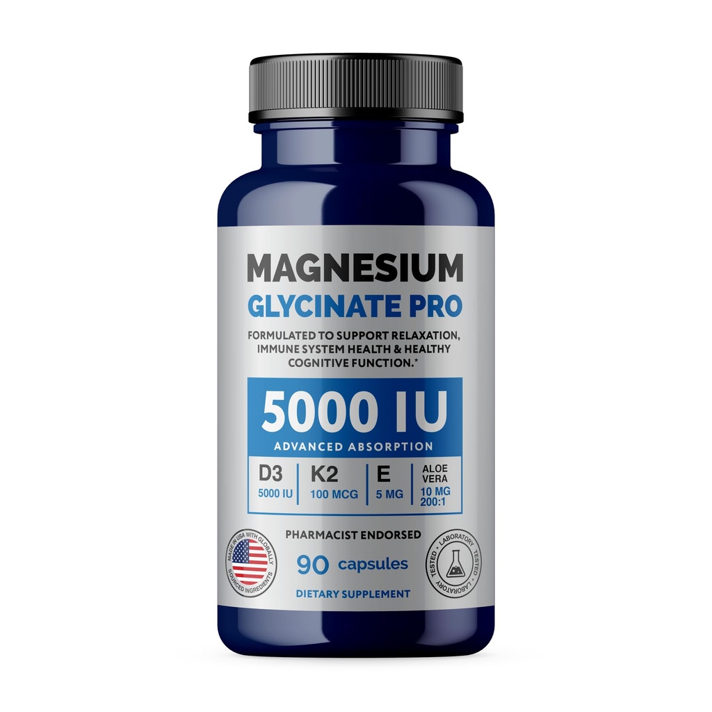 Magnesium Glycinate Pro with Vitamin D3 5000 IU, K2 MK-7, Vitamin E & Aloe Vera, Advanced Absorption for Relaxation, Immune & Cognitive Support, 90 Capsules