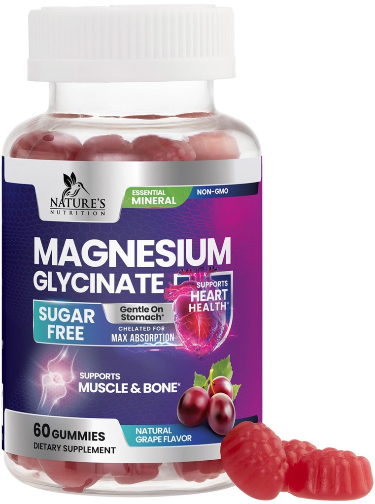 Magnesium Glycinate Supplement Gummies - Magnesium Supplement with Bone Muscle Heart Health & Sleep Support - Gentle on Stomach & Chelated for Max Absorption - Grape Flavor & Sugar Free - 60 Gummies