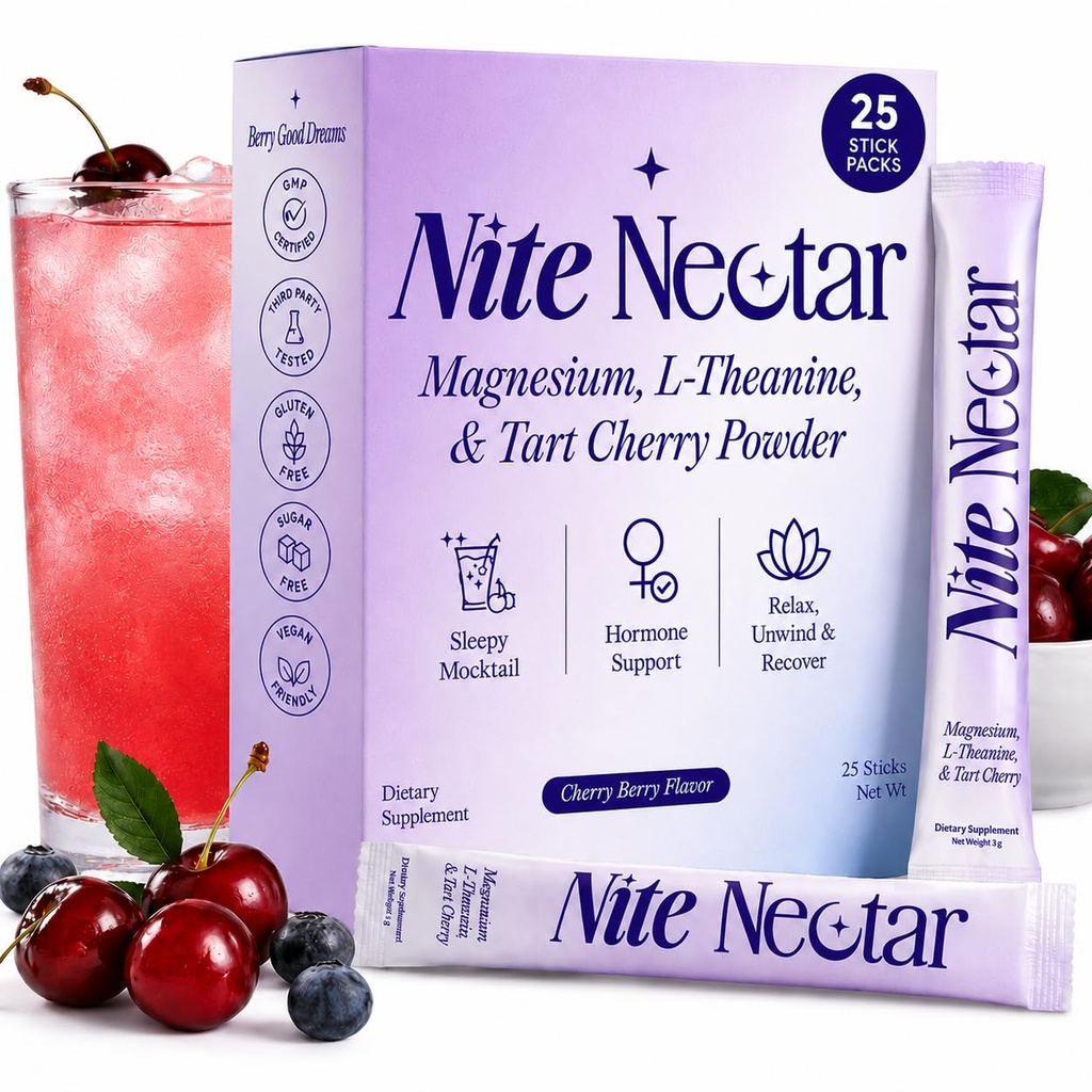 Nite Nectar Magnesium Glycinate Powder Sleep Promoting Supplement – Sleepy Mocktail Drink Mix Packets with Tart Cherry & L-Theanine for Calm Relaxing – Sugar & Melatonin Free, Lab-Tested - 25 Count