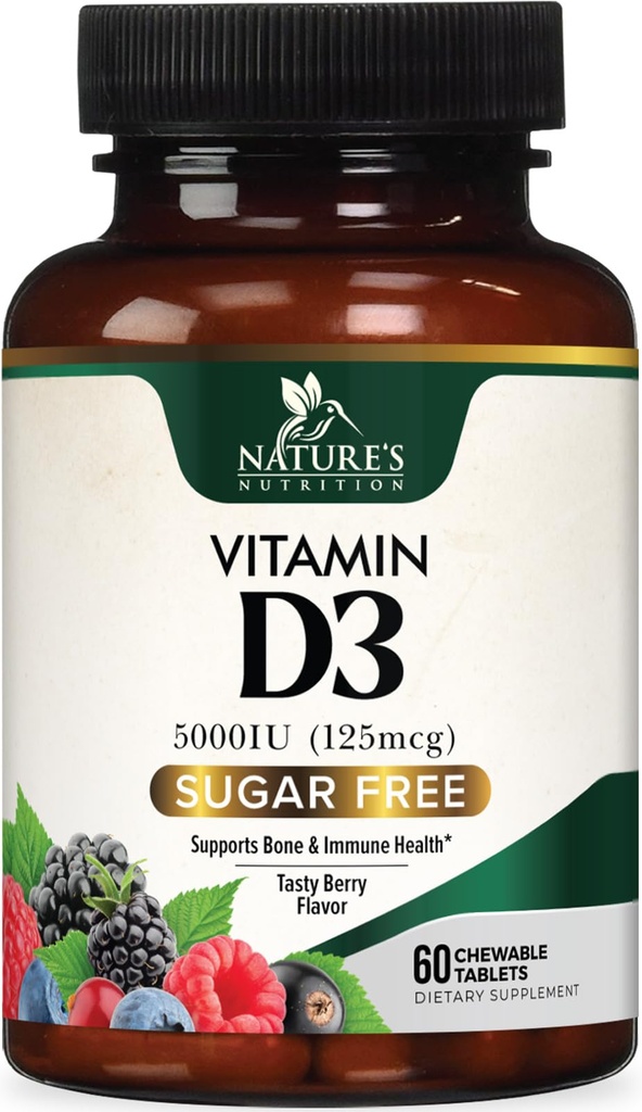 Vitamin D3 5000 IU (125 mcg) Per Serving - Extra Strength Vitamin D Chewable for Immune Support Health - Bone, Teeth and Muscle Supplements - Sugar Free, Gluten Free, USA Bottled - 60 Count Tablets