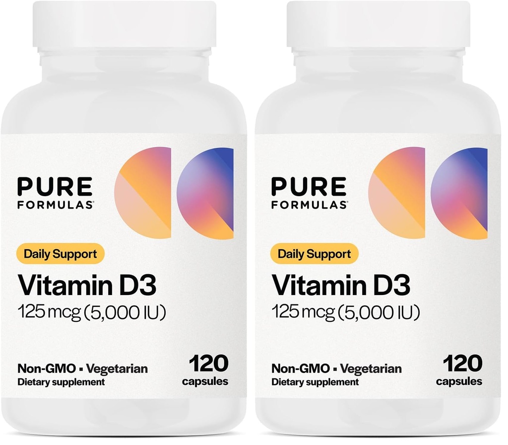 PureFormulas Vitamin D3 5,000 IU 125 mcg - Pure Vitamin D Supplement for Healthy Bone Formation, Teeth, Cardiovascular Health, and Immune Support Non-GMO - 120 Count Vegetarian Capsules (Pack of 2)