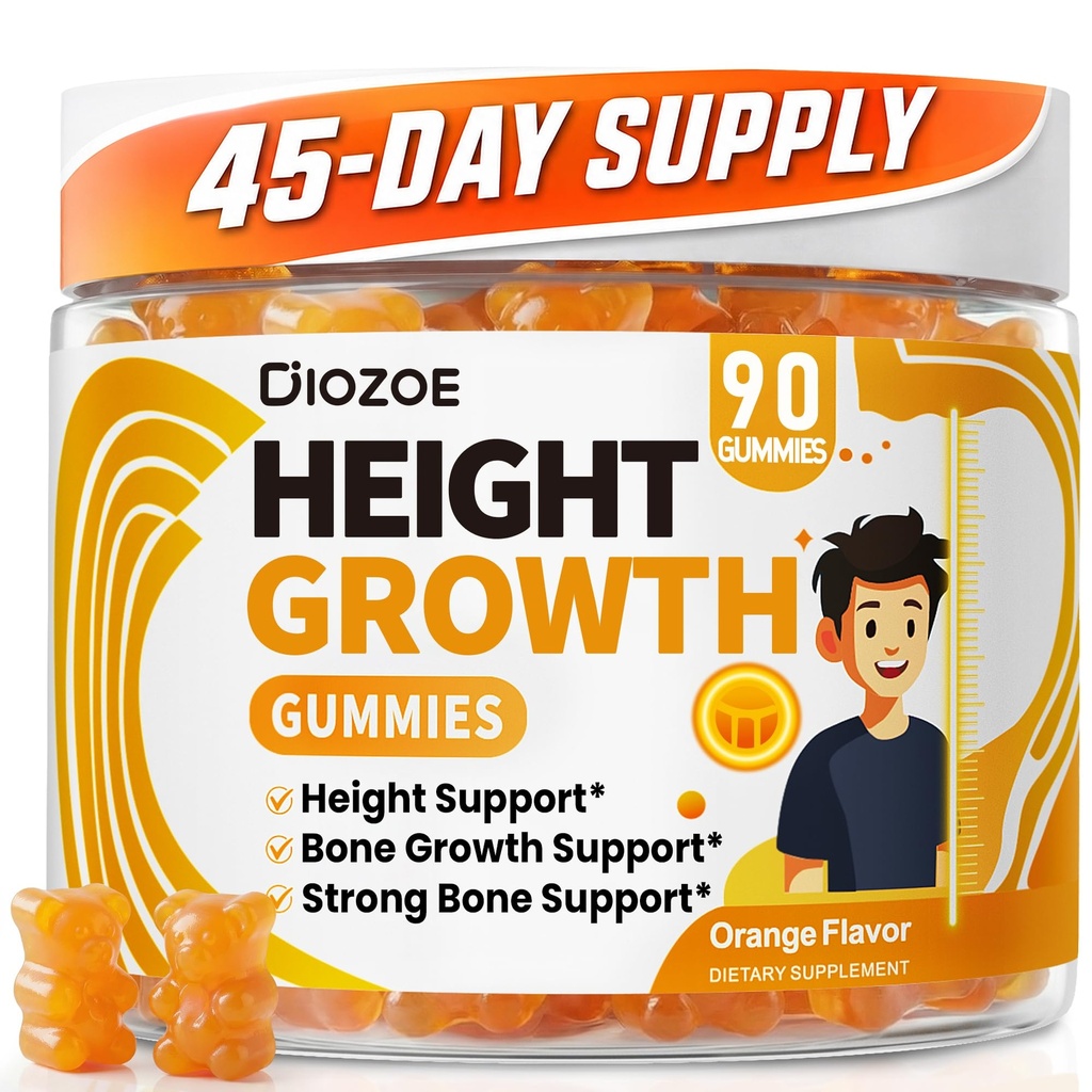 Height Growth Gummies (90 Count), Calcium 300mg, Magnesium Glycinate 50mg, Zinc, Ashwagandha, Vitamin D3 K2, Height Support Multivitamin, Bone Strength and Growth Supplement for Teens, Adults
