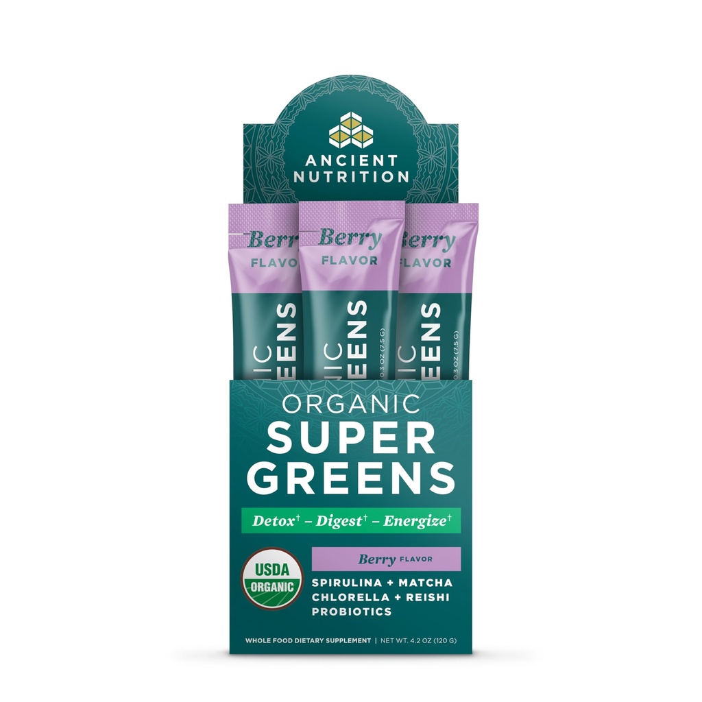 Oude Voeding SuperGreens Poeder met Probiotica, Biologische Berry Smaak Groenen, Gemaakt van echte groenten, groenten en kruiden, Digestieve en energie-ondersteuning, 16 Stick Packs, 4.2oz
