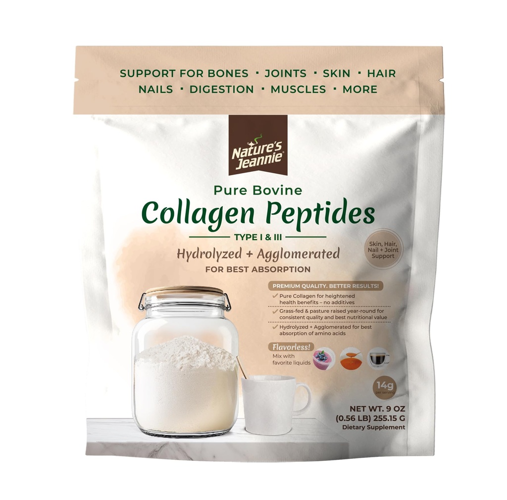 Nature's Jeannie Agglomerated & Pure Hydrolyzed Collagen Peptides Powder - Type 1 & 3-9 oz - Support Nails, Joints, Muscle Health - Unflavored Grass Fed Bovine Collagen Powder - Colageno Hidrolizado