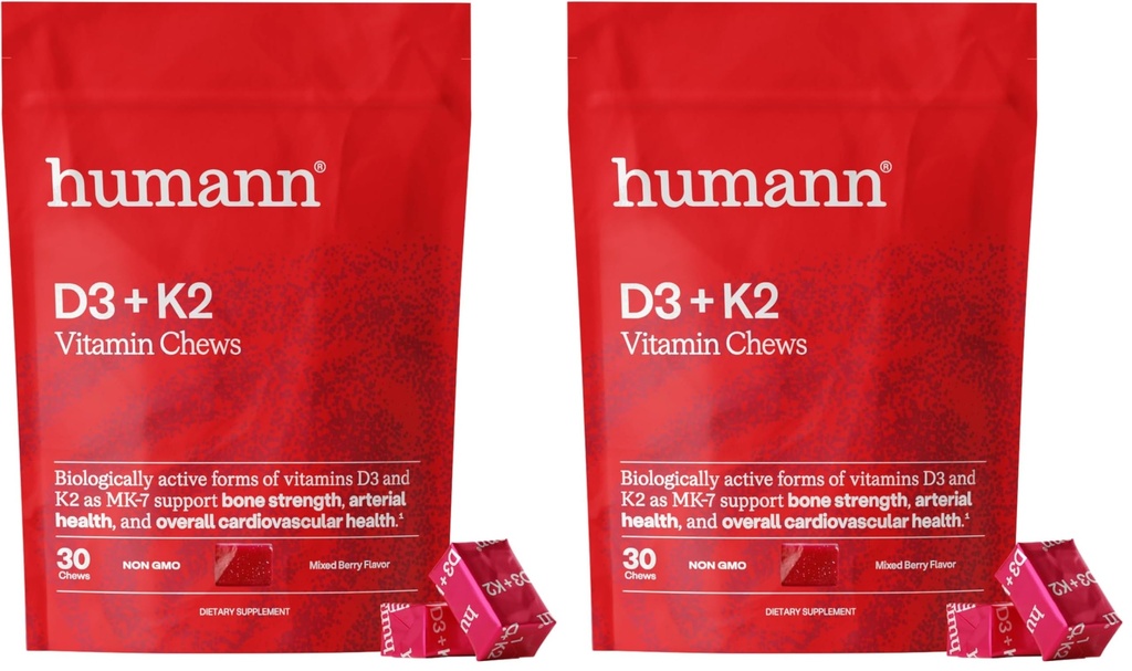 Humann Vitamin D3 + K2 Chews - High Potency Vitamin D 5000iu (125mcg) Helps Support Healthy Mood, Immunity, Cardiovascular, Respiratory Health & Bone Health, Mixed Berry Flavor, 30 Count (Pack of 2)