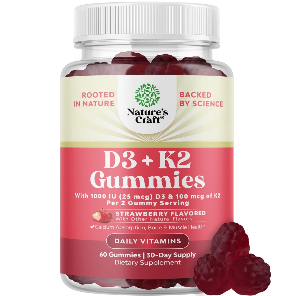 Vitamin D3 K2 Gummies for Healthy Bones Support - Helps Healthy Heart - Immune Support Supplement - 1000 IU Vitamin D3 and K2 for Women & Men - Kosher Certified - Strawberry Flavored - 60 Count