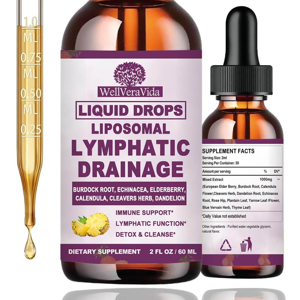 Lymphatic Drainage Drops, Organic Lymphatic Cleanse Immune Support Supplements, Lymphatic Support with Echinacea, Burdock, Elderberry & Dandelion for Lymph Health & Fluid Balance丨Vegan, Non-GMO丨2Fl Oz