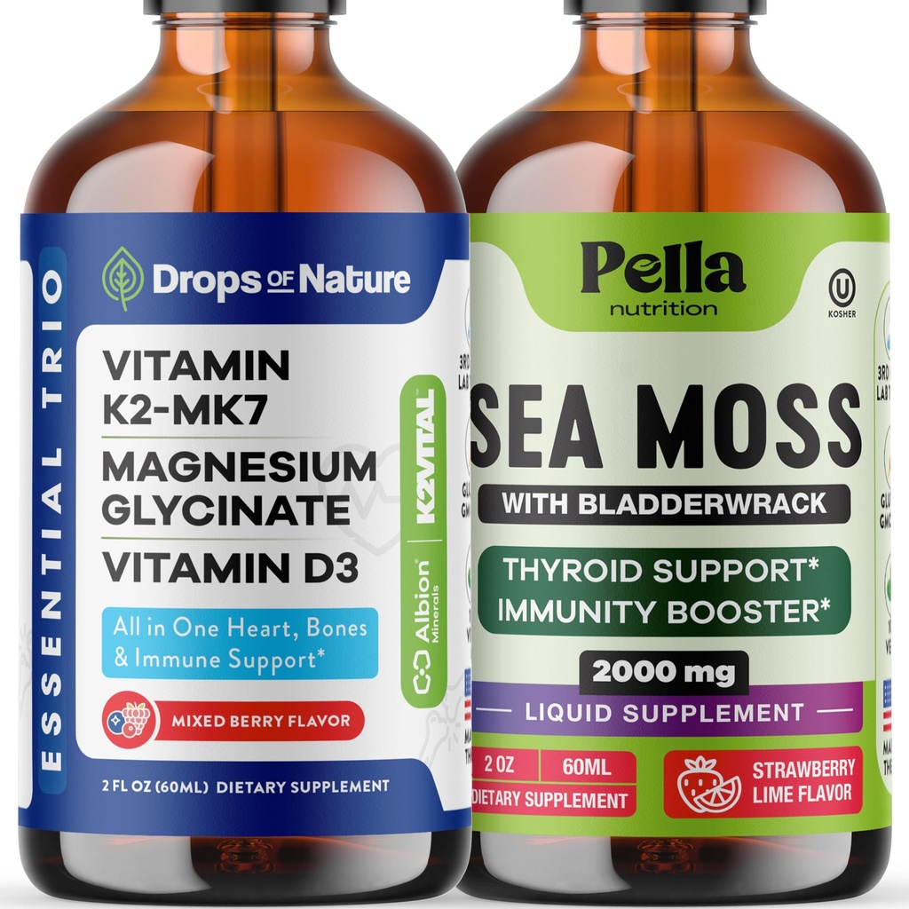 Pella Nutrition Sea Moss with Bladderwrack (Strawberry Lime, 60mL) & Drops of Nature Magnesium Glycinate with Vitamin K2 D3 Drops (Mixed Berry, 60 mL) – Vegan, Non-GMO – Bone Health & Immune Wellness