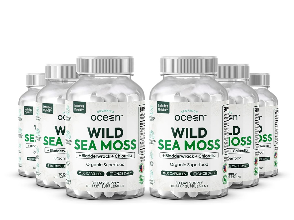 Organics Ocean Wild Sea Moss Capsules - 100% Organic Irish Sea Moss with Organic Chlorella, Bladderwrack and Vitamin D for Energy, Lung Health and Thyroid Support for Women and Men - 6 Bottles