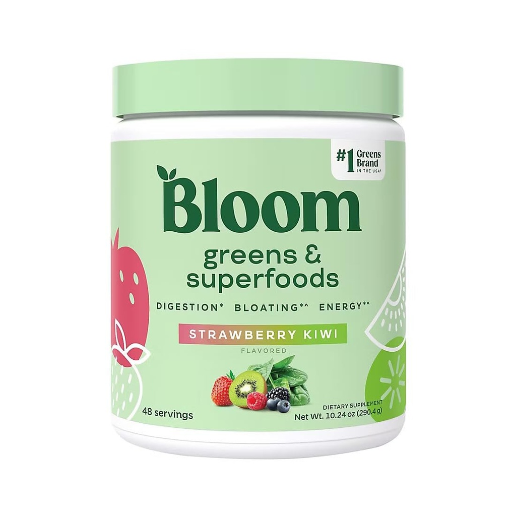 Bloom Greens & Superfoods Powder - Strawberry Kiwi - Digestion & Bloat Relief Supplement with Probiotics & Digestive Enzymes - Daily Green Powder for Energy & Gut Health, 48 Servings, 10.24 oz