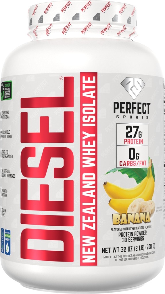 PERFECT SPORTS Diesel 100% New Zealand Whey Protein Isolate | Stevia Sweetened, No Artificial Ingredients, Keto | 0g Carb, 0g Fat, 26g Protein | 2 Pounds (Banana)