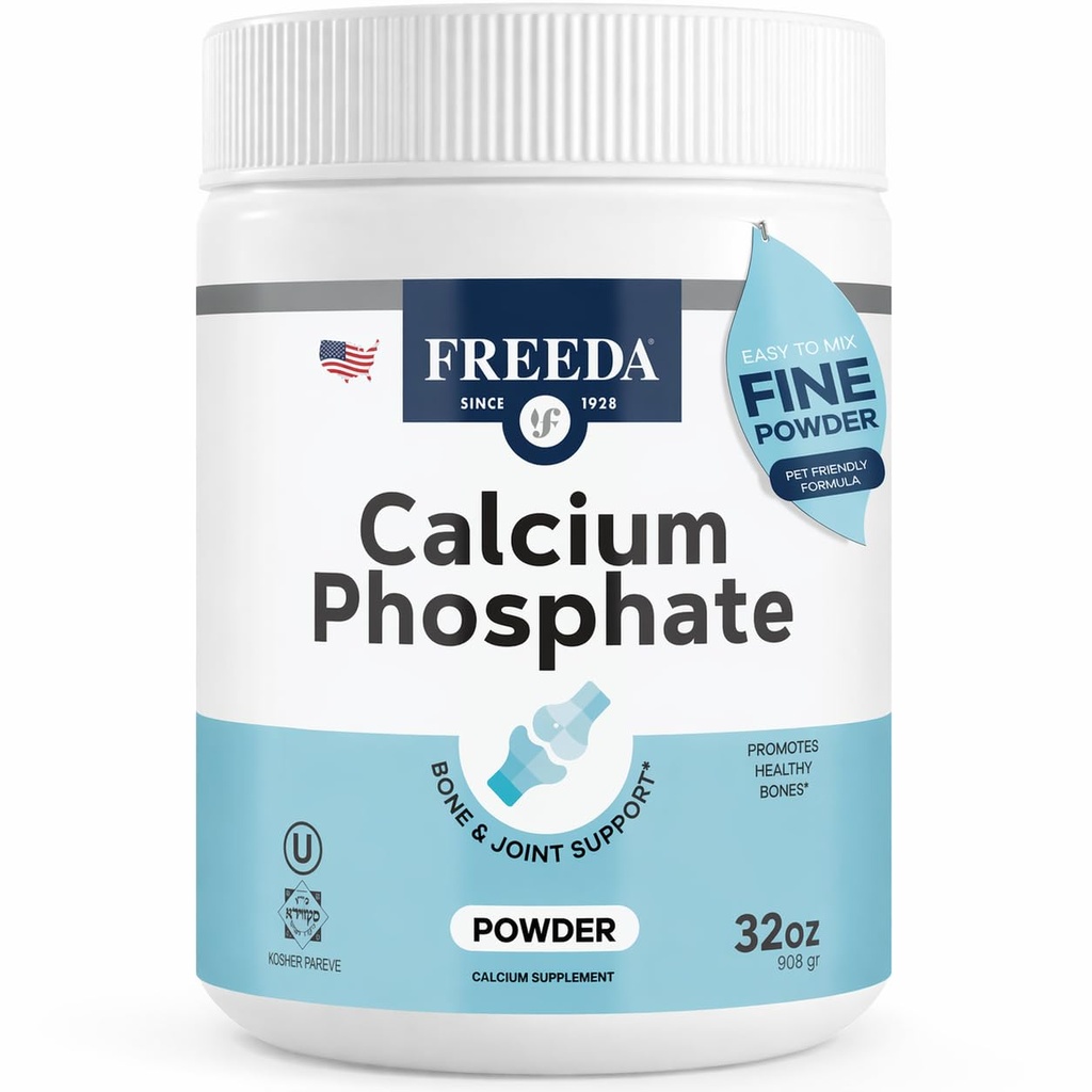 Freeda Calcium Phosphate Powder – Kosher Mineral Supplement for Bone & Joint Health in Men, Women, Dogs & Cats – Bone Strength Powder with Calcium and Phosphorus – No Vitamin D – Made in USA (32 oz)