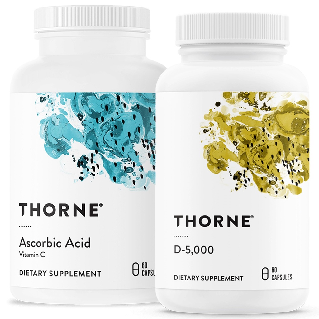 THORNE - Immuun- en wellnessbundel - Asorbinezuur en vitamine D-5000 - Antioxidant- en immuunfunctie - 60 porties