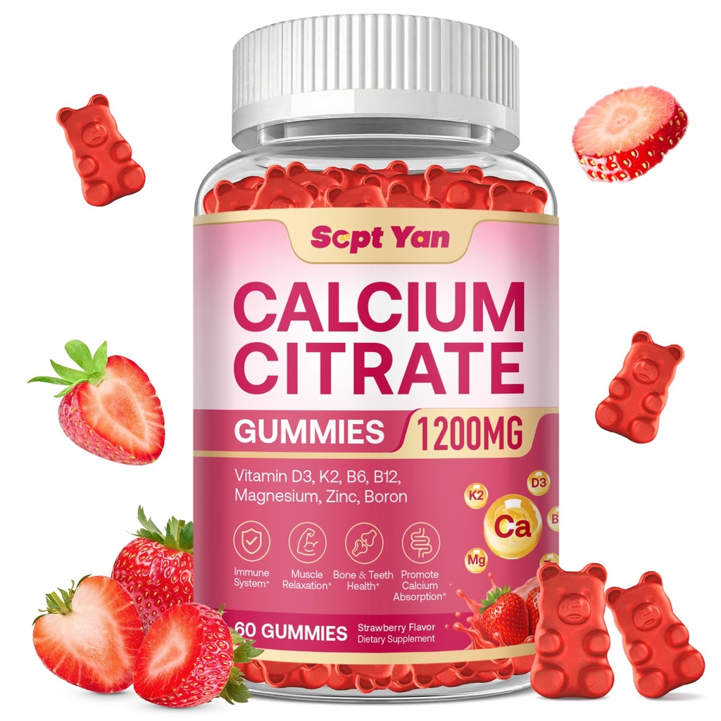 Calcium Citrate Gummies 1200 mg, Calcium Gummies Supplements for Women & Men with Vitamin D3, K2, Magnesium, Zinc, B6 & B12 High Absorption for Bone Muscle & Immune Support, Strawberry Flavor,60 Ct