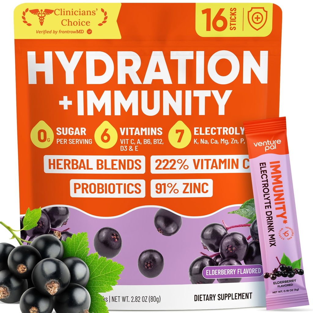 Venture Pal 2-in-1 Hydration Packets + Immune Electrolytes Powder with 7 Electrolytes & 6 Vitamins, Elderberry, Echinacea | Liquid Daily IV Drink Mix For Instant Hydration, Sugar Free, Keto, 16 Sticks