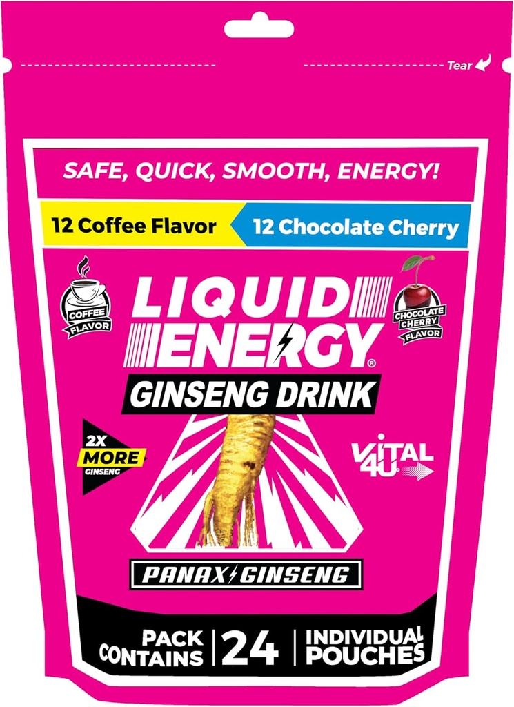 VITAL 4U® Liquid Energy Shot - Coffee & Chocolate Cherry Combo Pack, Ginseng, B Vitaminen, natuurlijk gezoet, 24 ct