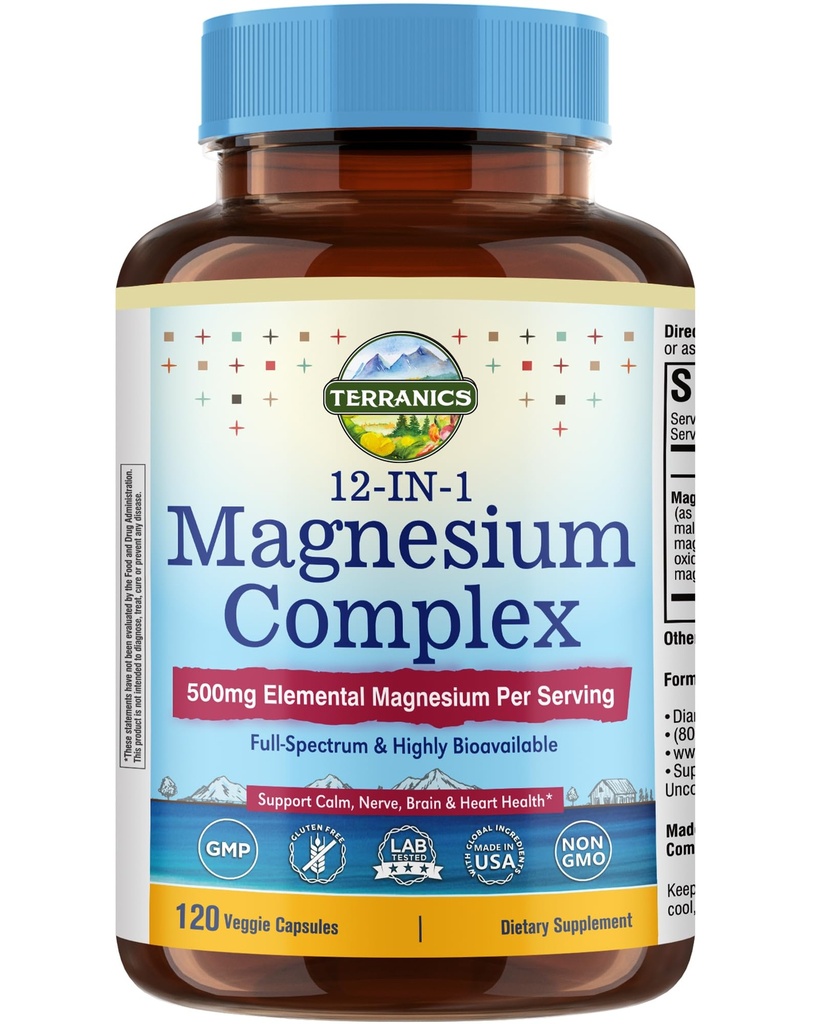 Terranics 12-in-1 Magnesium Complex 500mg, High Absorption Chelated Magnesium Glycinate, Citrate, Malate, Taurate, Orotate & More, for Sleep, Calm, Energy, Heart, Vegan, Non-GMO,120 Capsules