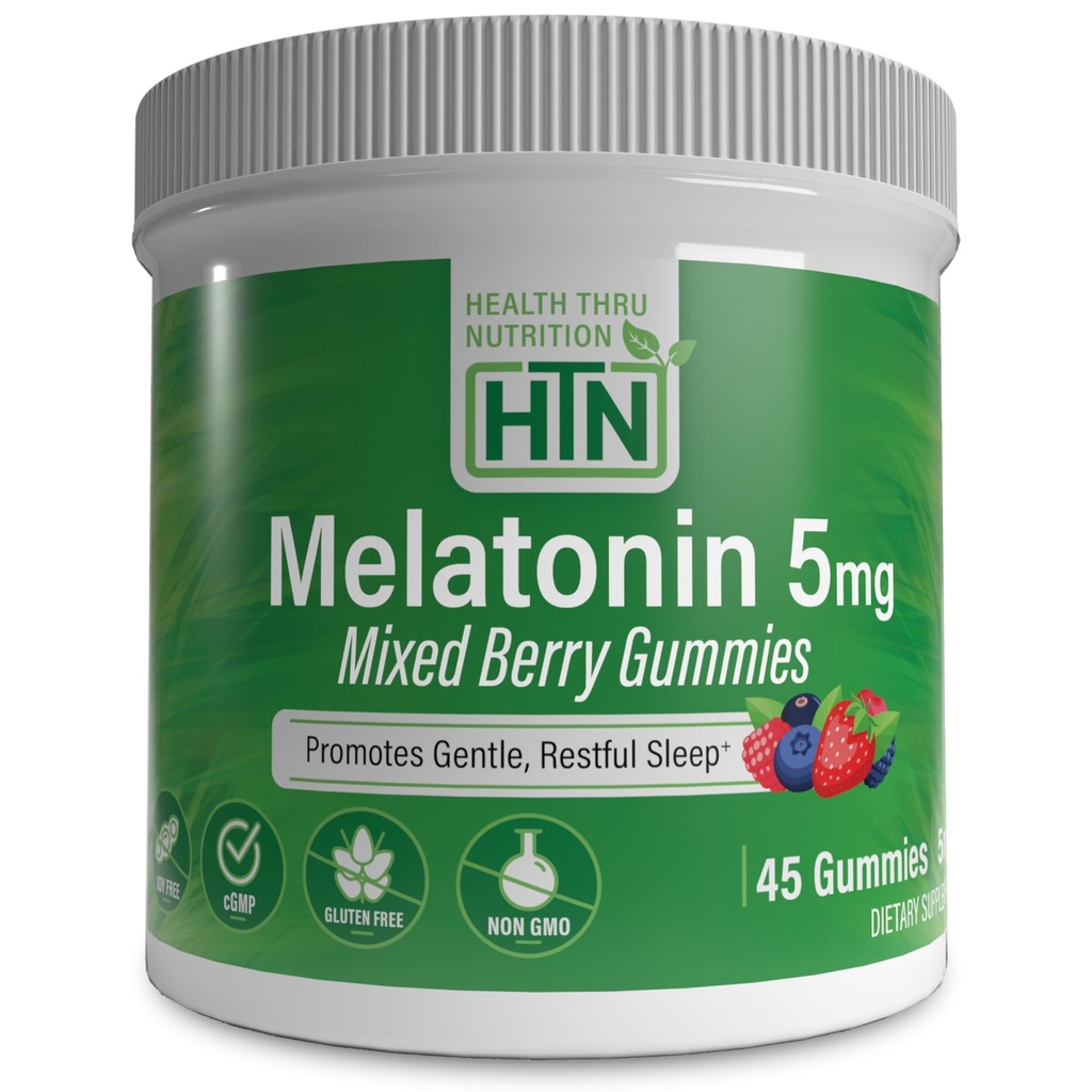 Health Thru Nutrition Melatonin 5mg Gummies | 45 Count Mixed Berry Flavor with Child-Resistant Cap | Gentle Restful Sleep Support Supplement | Non-GMO, Gluten-Free, Vegan-Friendly
