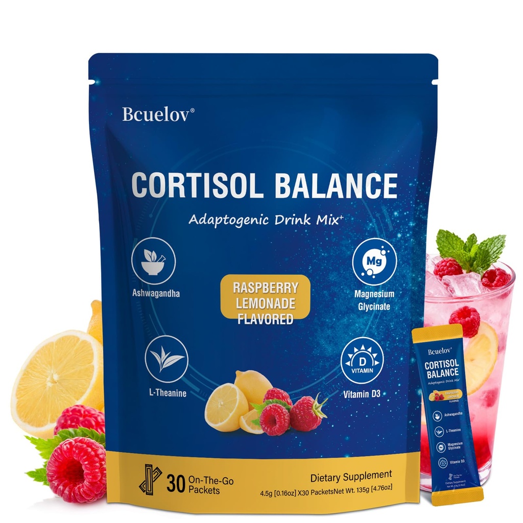 Calm Cortisol Reducer Powdered Drink Mix, Cortisol Reducer and Sleep Aid Supplement with Magnesium Glycinate, Ashwagandha, L-Theanine, Vitamin D 3 for Sleep & Relaxation, 30 Ct (Raspberry Lemonade)
