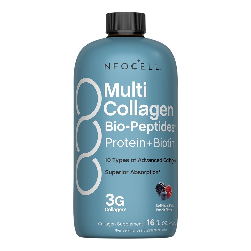 NeoCell Liquid Multi Collagen Peptides | 16 Fl Oz | Protein Plus Biotin | 10 Types of Advanced Collagen | Superior Absorption | Fruit Punch Flavor | for Women and Men