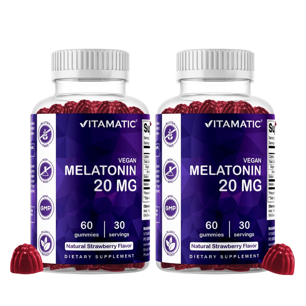 Vitamatic Melatonin 20mg Gummies for Adults – 60 Vegetarian Gummies per Bottle – Non-Habit Forming Sleep Aid Supplement – Pack of 2