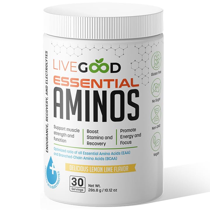 LIVEGOOD Essential Aminos | Essential Amino Acid Formula with BCAAs & Electrolytes | Lean Muscle Support, Recovery & Stamina | Sugar Free, Caffeine Free, Vegan | Lemon Lime