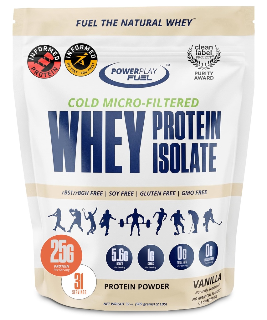 Vanilla Protein Powder, 2lbs – Sugar Free & Gluten Free Whey Protein Isolate Powder, 25g Per Serving, Grass-Fed & Cold Micro-Filtered, Sport Certified, Ideal for Athletes
