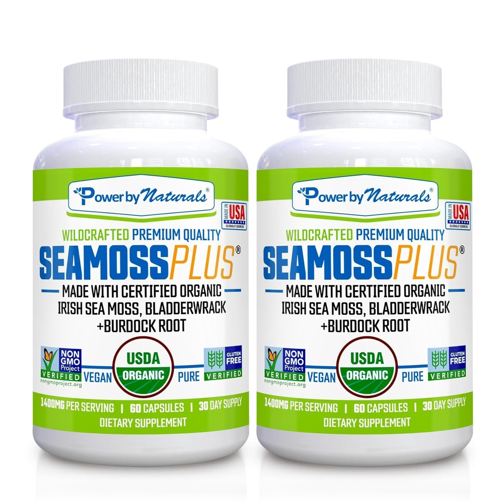 Power by Naturals Sea Moss Plus - USDA Certified Organic Wildcrafted Irish Seamoss, Bladderwrack & Burdock Root, Supplement for Immunity, 60Ct, 2 Pack