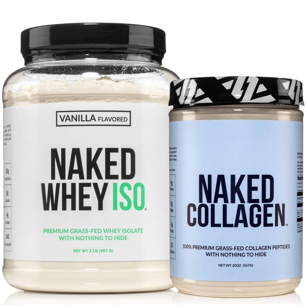 NAKED Vanilla Whey Isolate Protein Powder (24 Servings) Collagen Peptides Protein Powder 20oz (60 Servings) – Grass-Fed; Pasture-Raised; Non-GMO; Gluten Free; Keto; Paleo Friendly