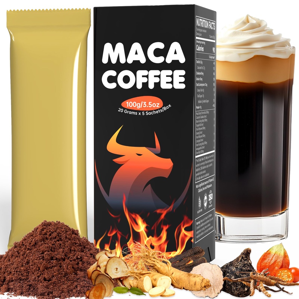 Maca Coffee Instant Cold Brew with Arabica Bean Powder, Ginseng, Cordyceps & Ashwagandha, Energy Boost, Additive-Free